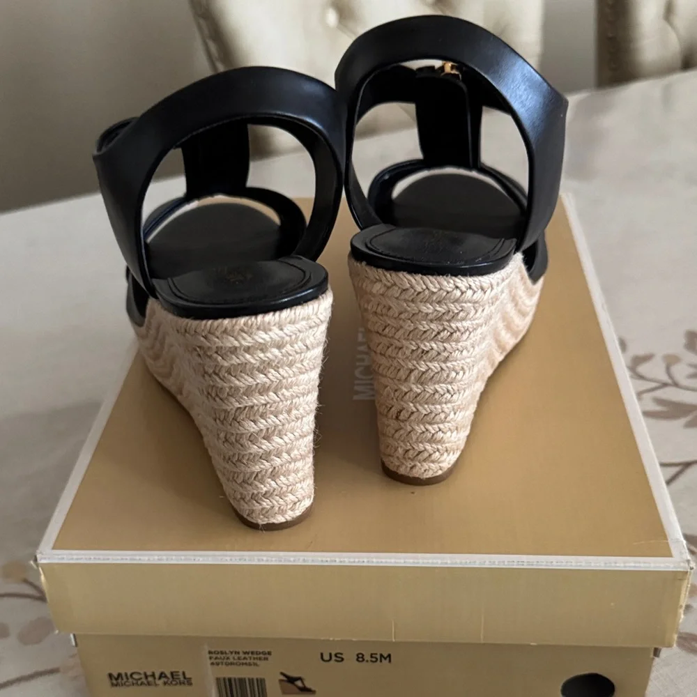 Michael Kors Roslyn Wedge Faux Leather Black and Tan Wedge Sandals - Picture 4 of 4